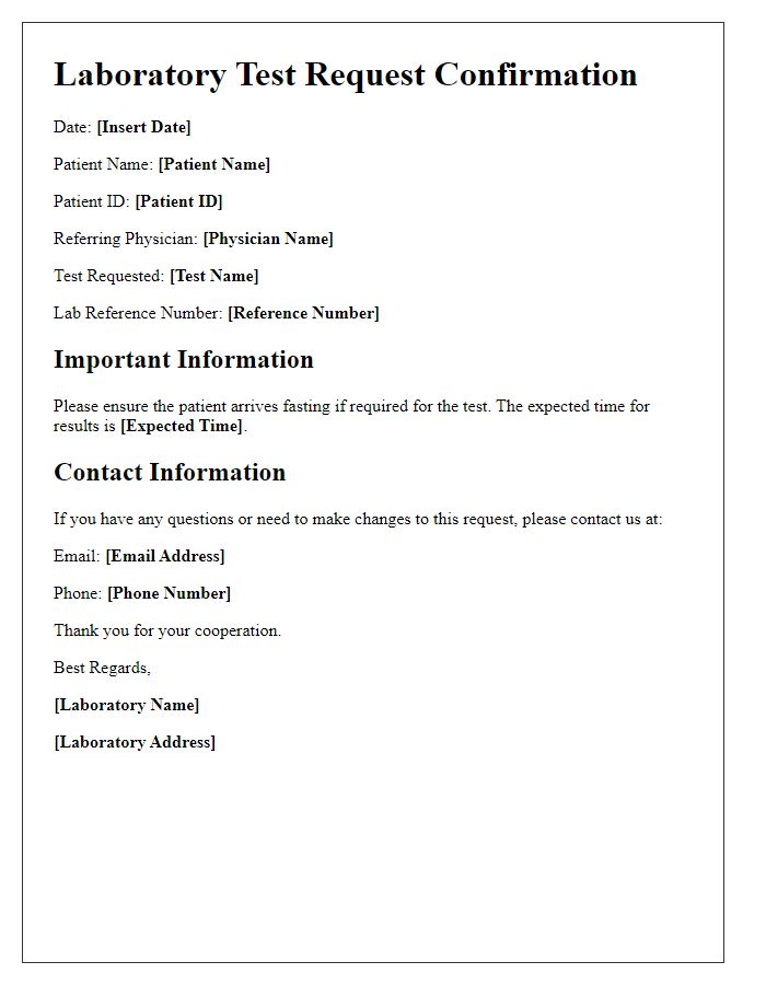 Letter template of laboratory test request confirmation