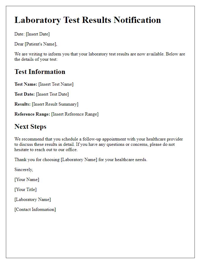 Letter template of laboratory test results notification