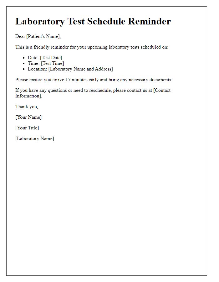 Letter template of laboratory test schedule reminder