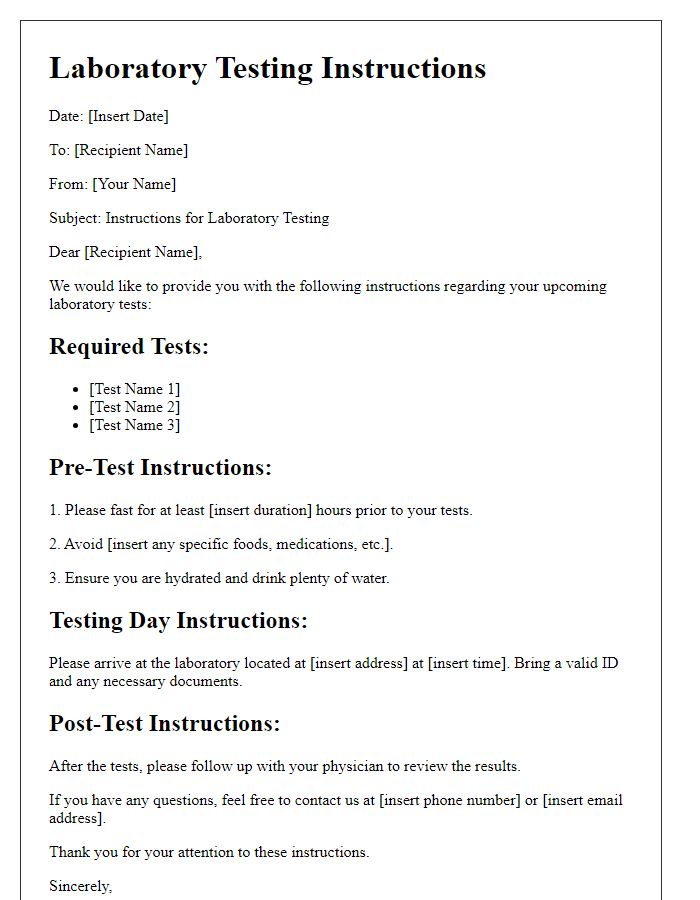 Letter template of laboratory testing instructions