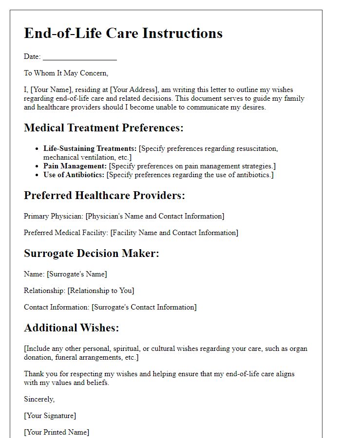 Letter template of end-of-life care instructions