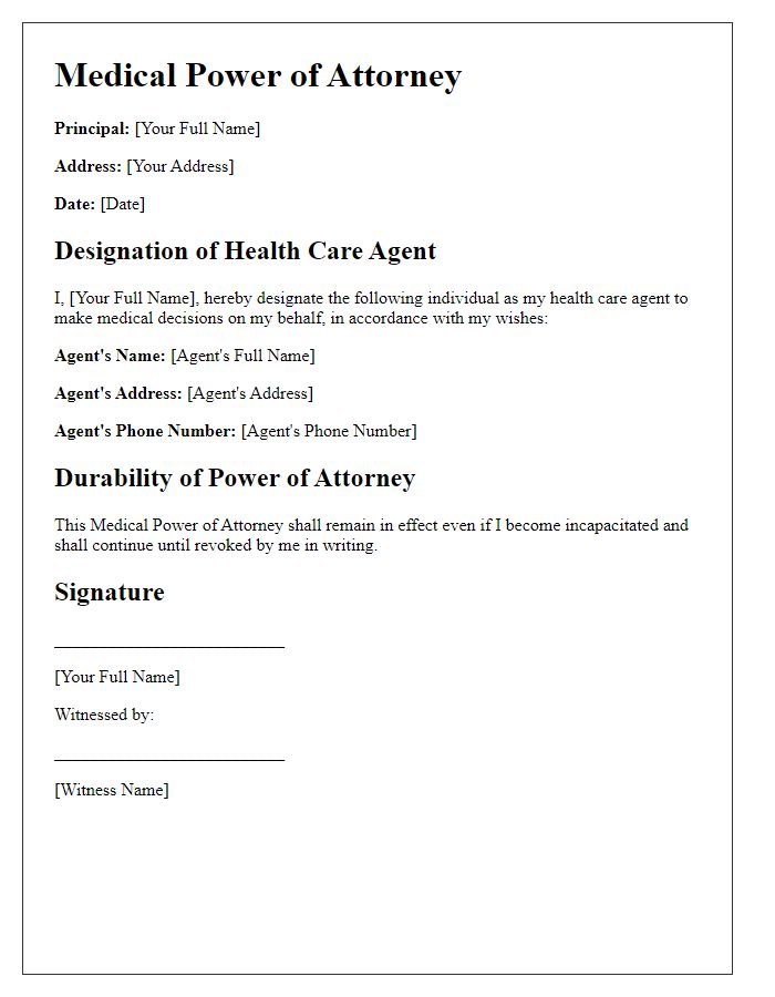 Letter template of medical power of attorney arrangement