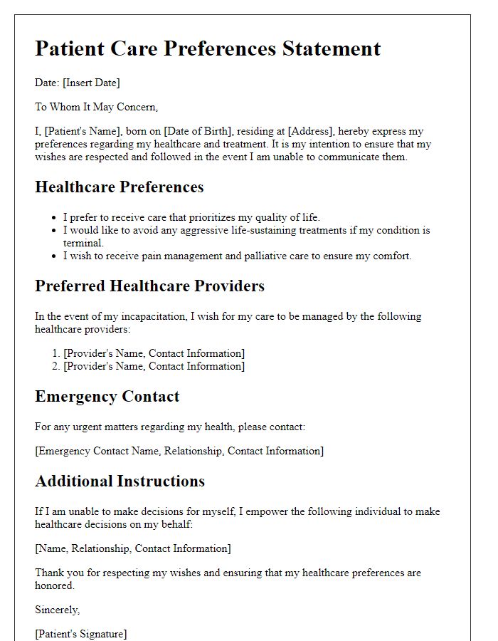 Letter template of patient care preferences statement