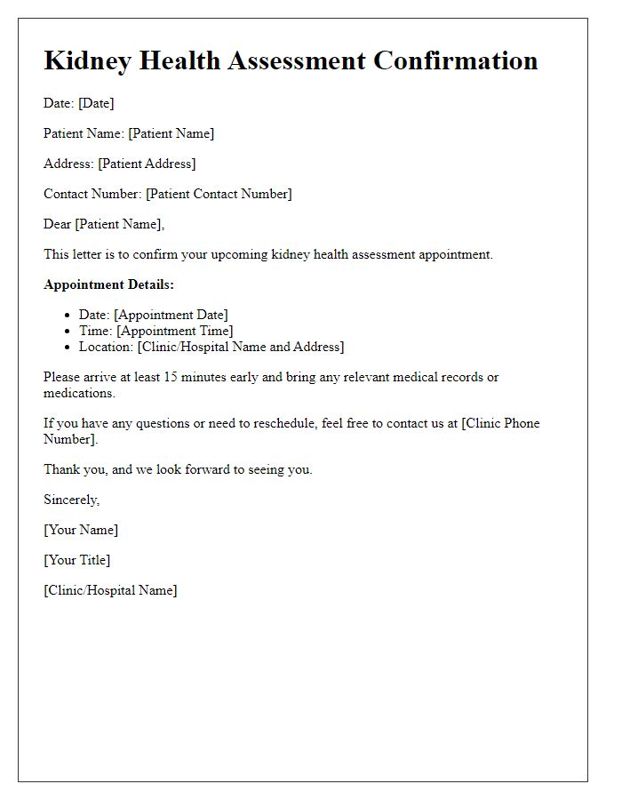 Letter template of confirmation for kidney health assessment