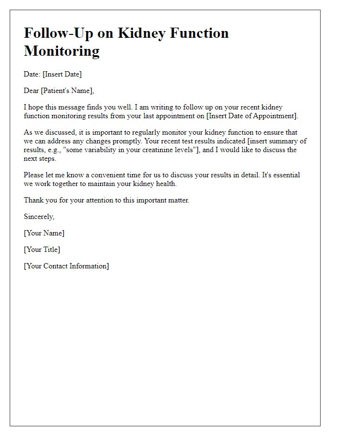 Letter template of follow-up on kidney function monitoring