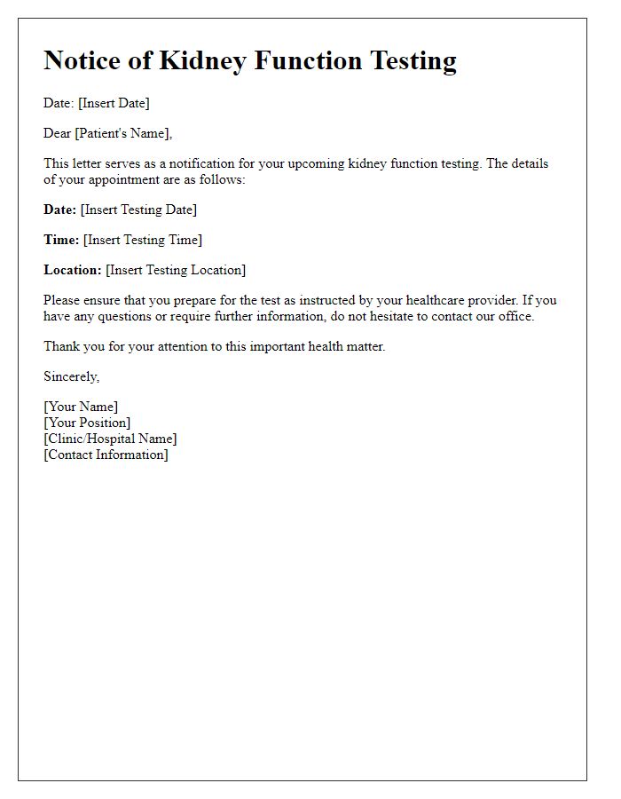 Letter template of notification for kidney function testing