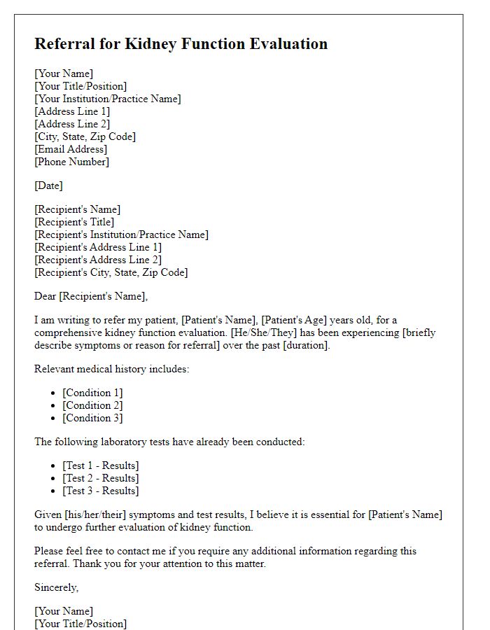 Letter template of referral for kidney function evaluation