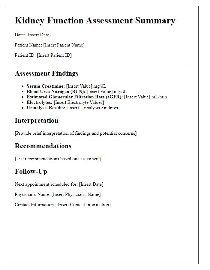 Letter template of summary of kidney function assessment findings