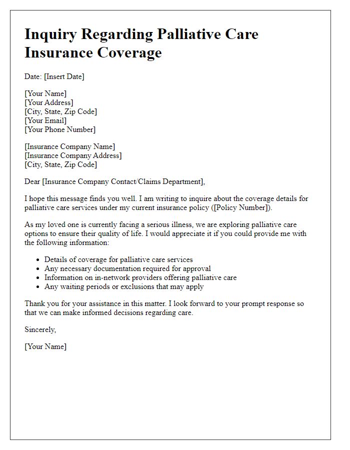 Letter template of palliative care insurance coverage inquiry