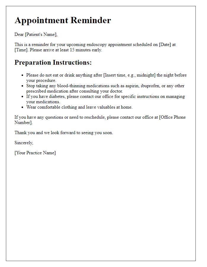 Letter template of appointment reminder with prep instructions for endoscopy.