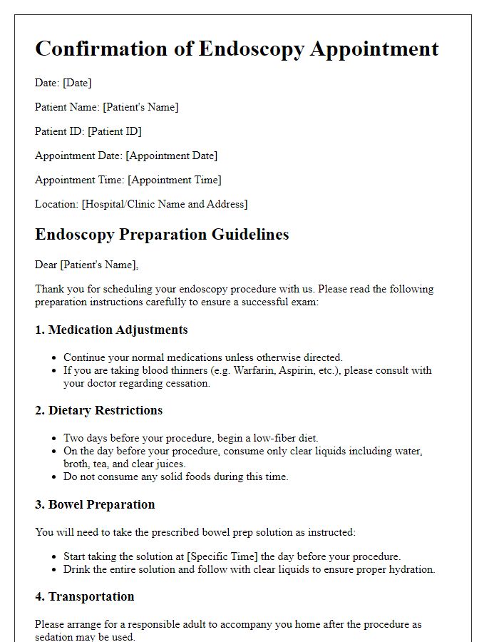 Letter template of confirmation letter with detailed endoscopy prep requirements.