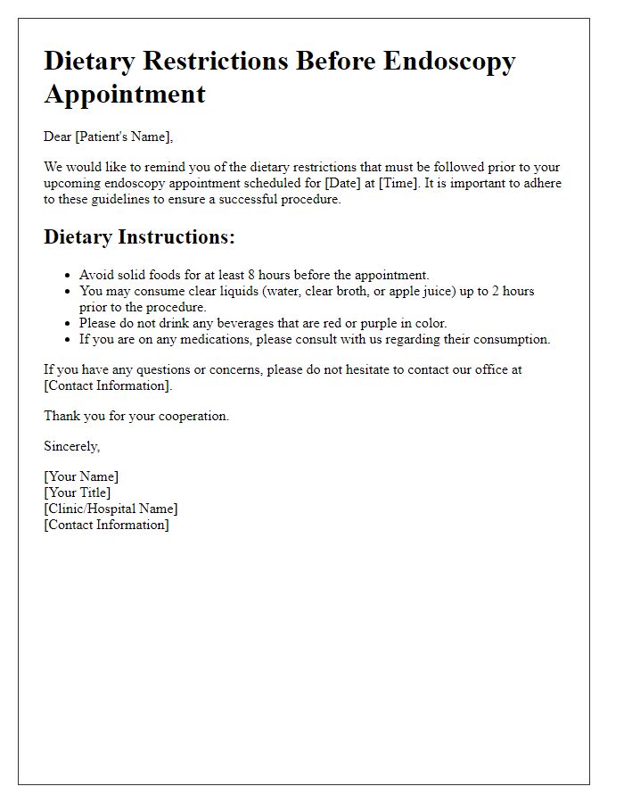 Letter template of dietary restrictions before endoscopy appointment.