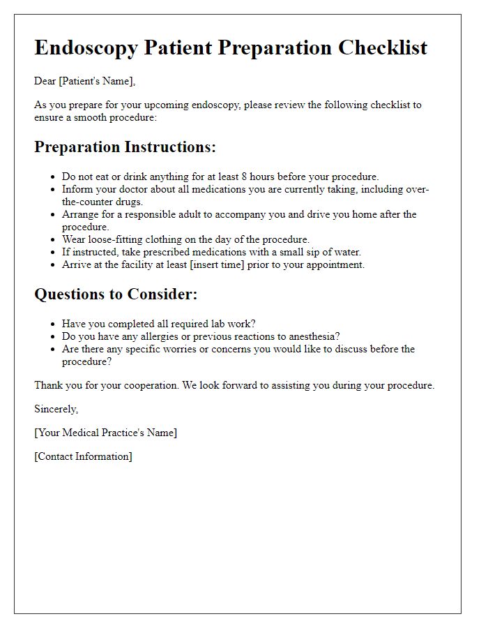 Letter template of endoscopy patient checklist for preparation.