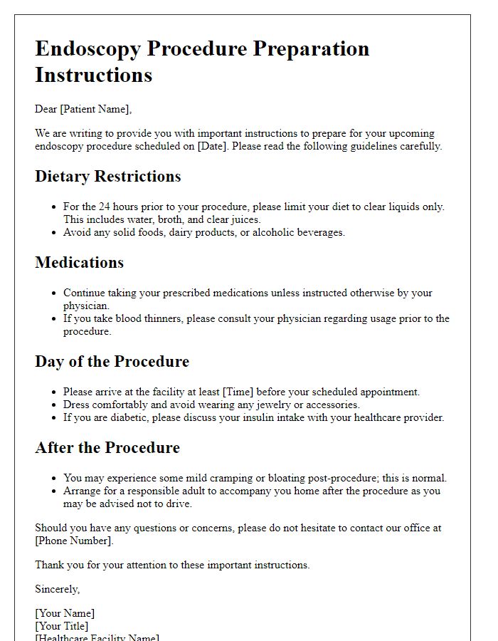 Letter template of endoscopy procedure prep instructions for healthcare providers.