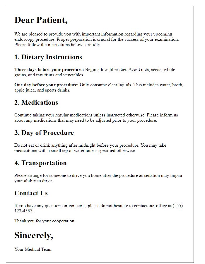 Letter template of patient educational materials for endoscopy prep.