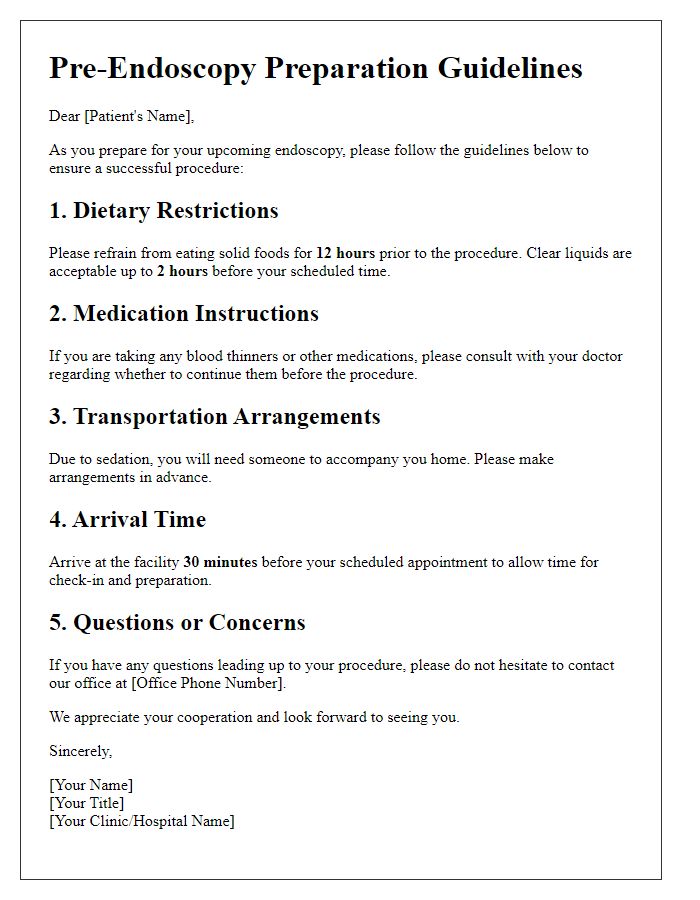 Letter template of pre-endoscopy preparation guidelines for patients.