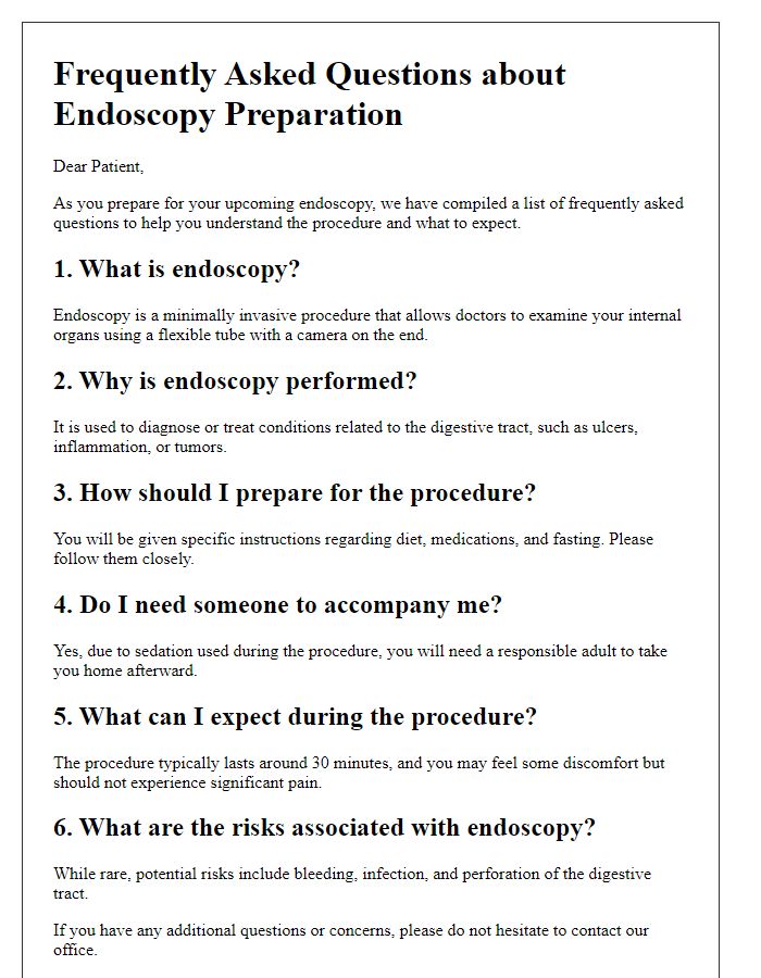 Letter template of pre-procedure FAQs for endoscopy preparation.