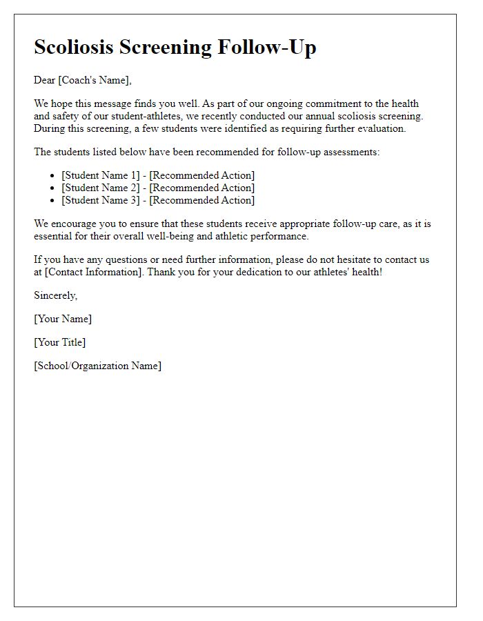 Letter template of scoliosis screening follow-up for athletic coaches.