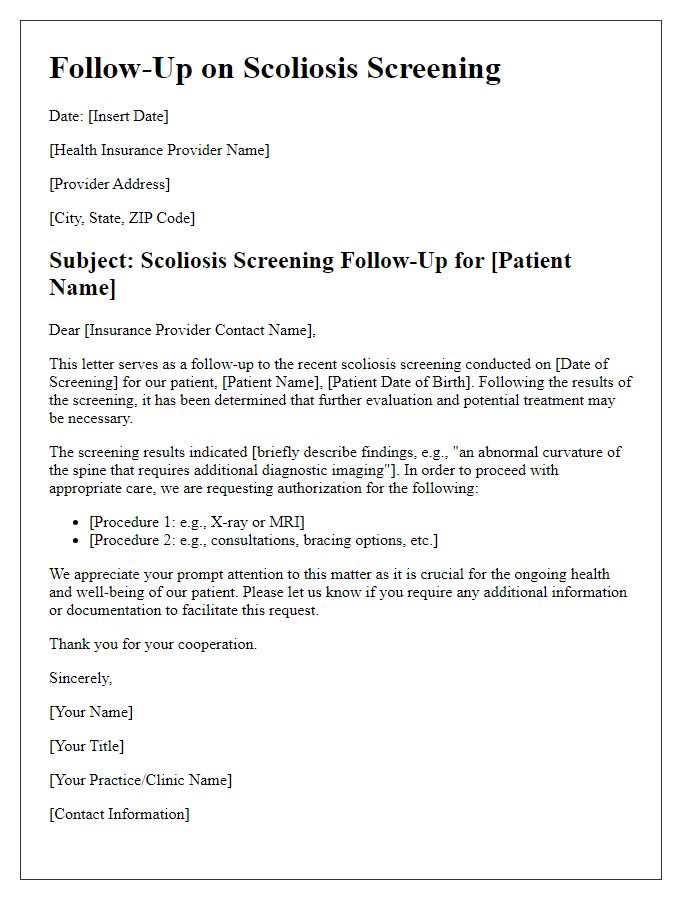 Letter template of scoliosis screening follow-up for health insurance providers.