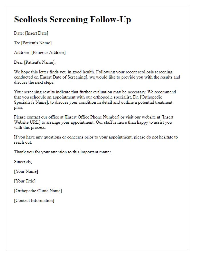 Letter template of scoliosis screening follow-up for orthopedic specialists.