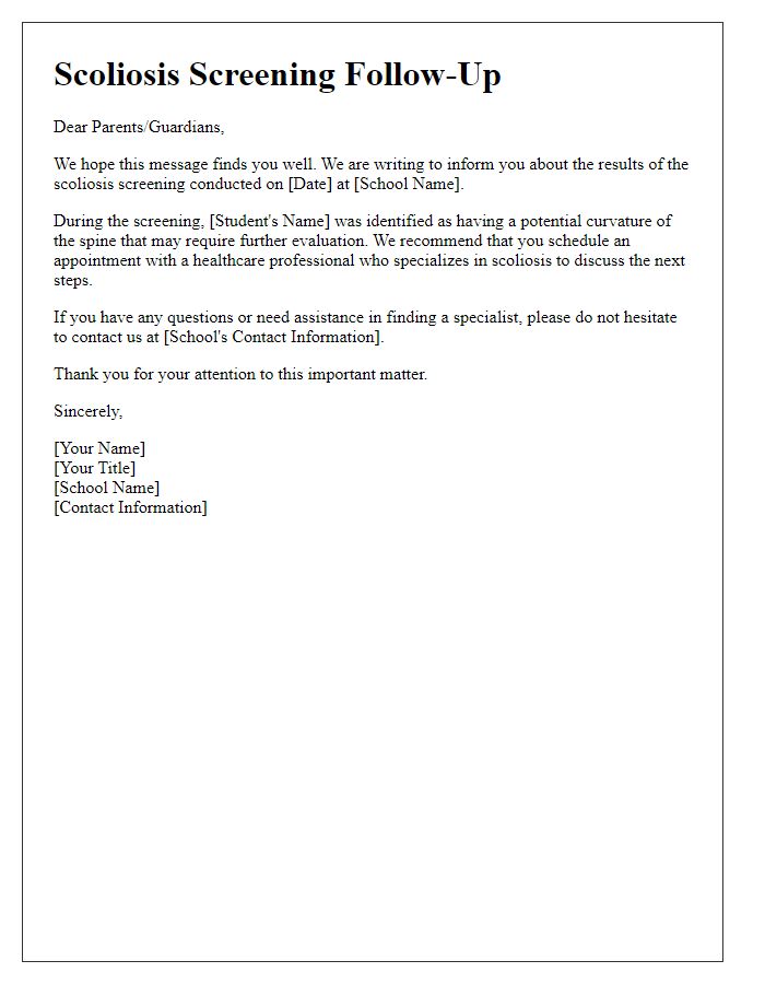 Letter template of scoliosis screening follow-up for parents/guardians.