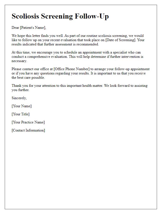 Letter template of scoliosis screening follow-up for patients aged 12-18.