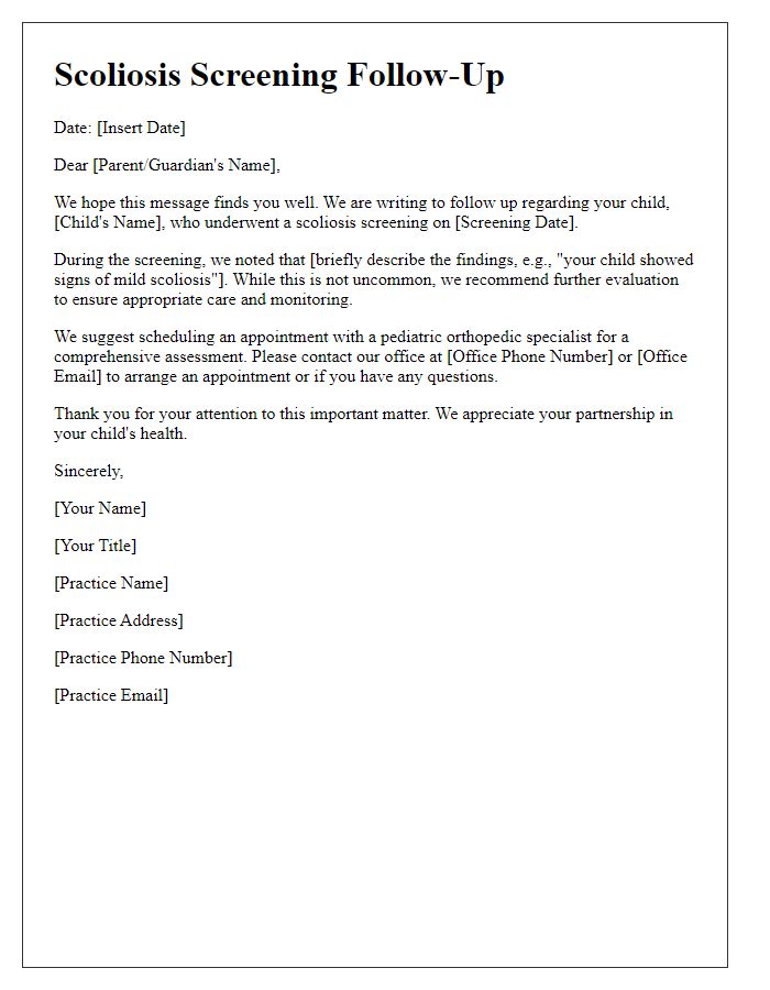 Letter template of scoliosis screening follow-up for pediatricians.