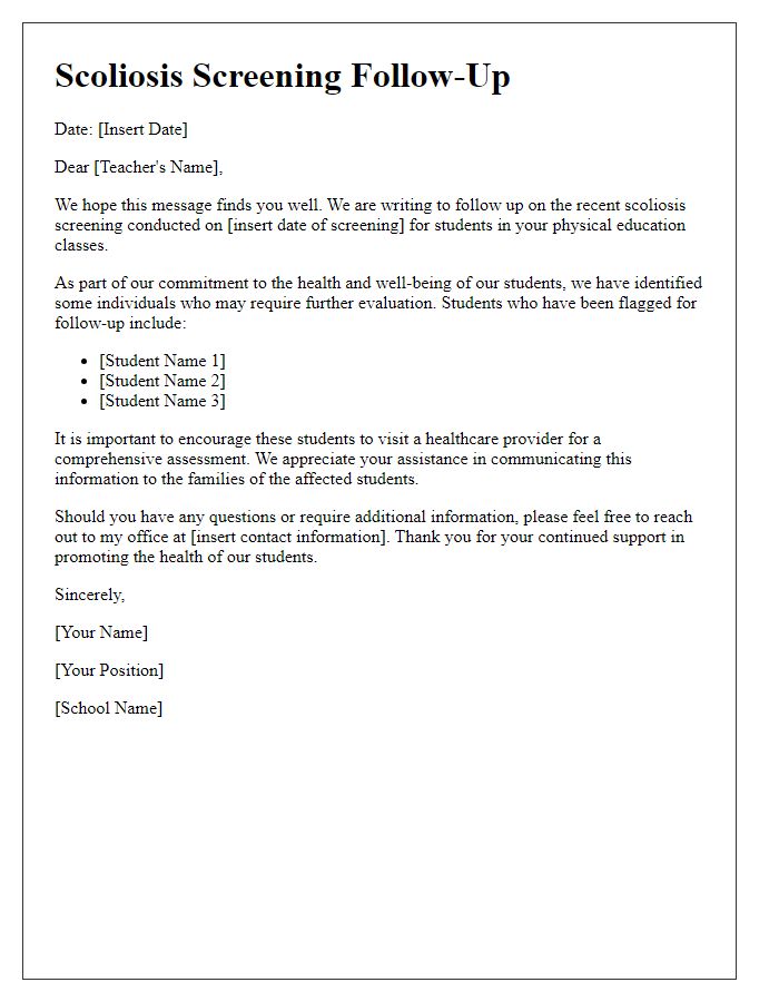 Letter template of scoliosis screening follow-up for physical education teachers.