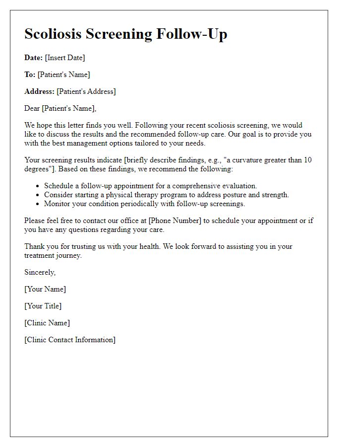 Letter template of scoliosis screening follow-up for physical therapists.