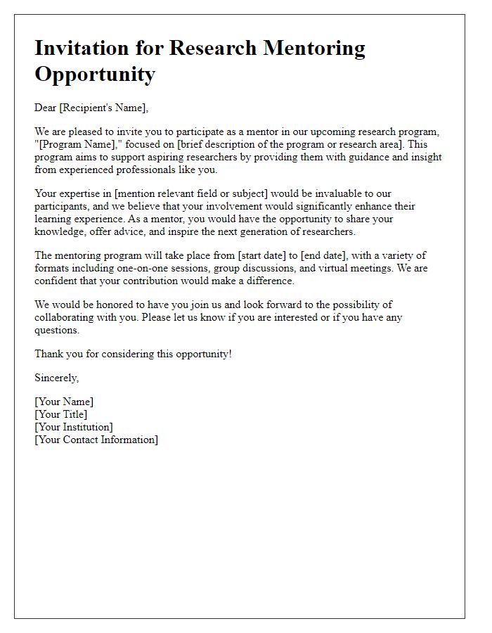 Letter template of invitation for a research mentoring opportunity