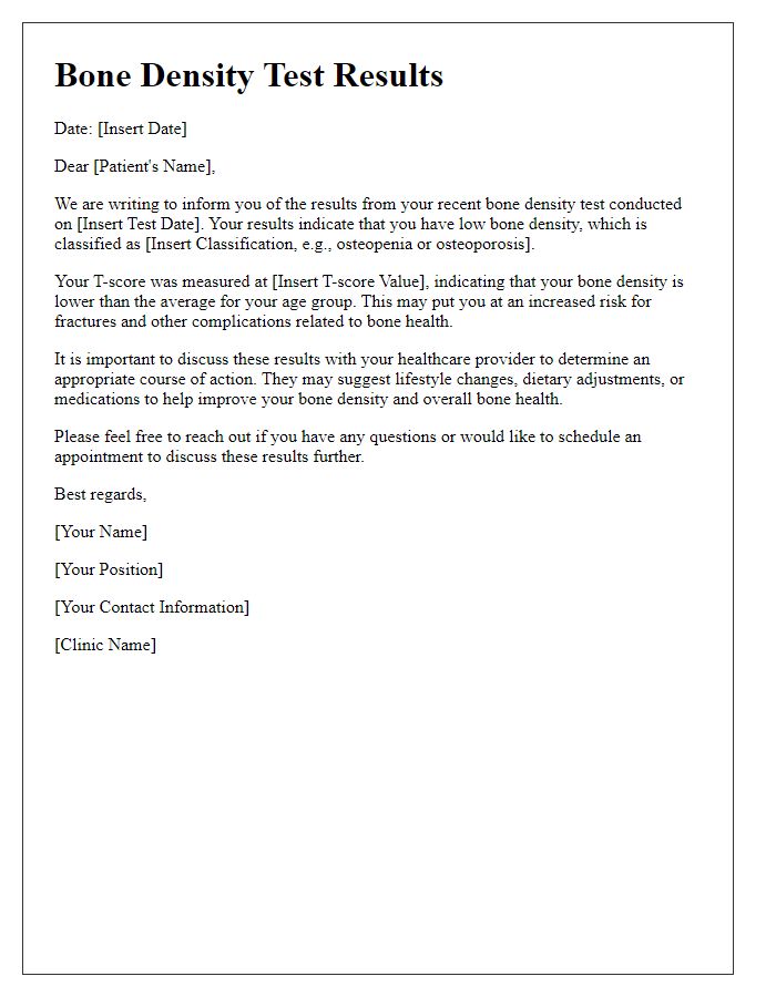 Letter template of bone density test results addressing low bone density.