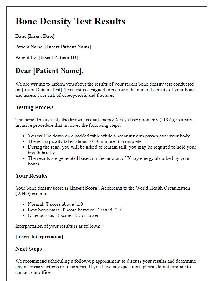 Letter template of bone density test results explaining the testing process.