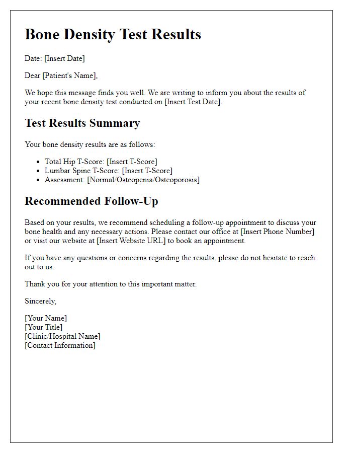 Letter template of bone density test results for follow-up appointments.