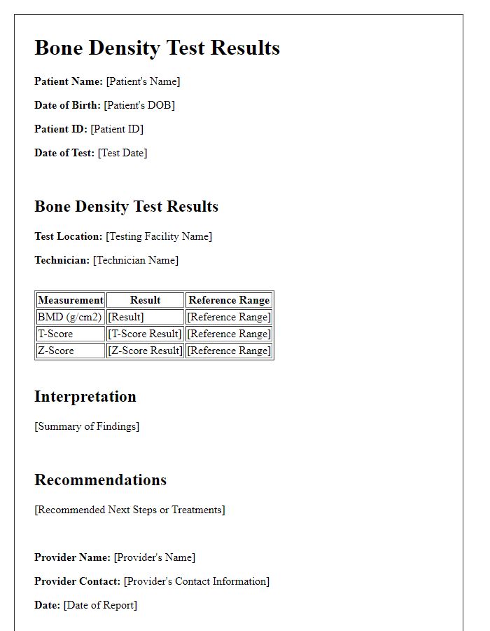 Letter template of bone density test results for healthcare providers.