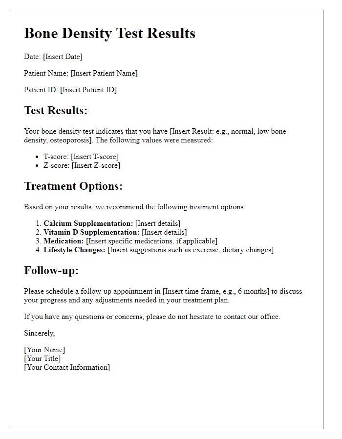 Letter template of bone density test results including treatment options.