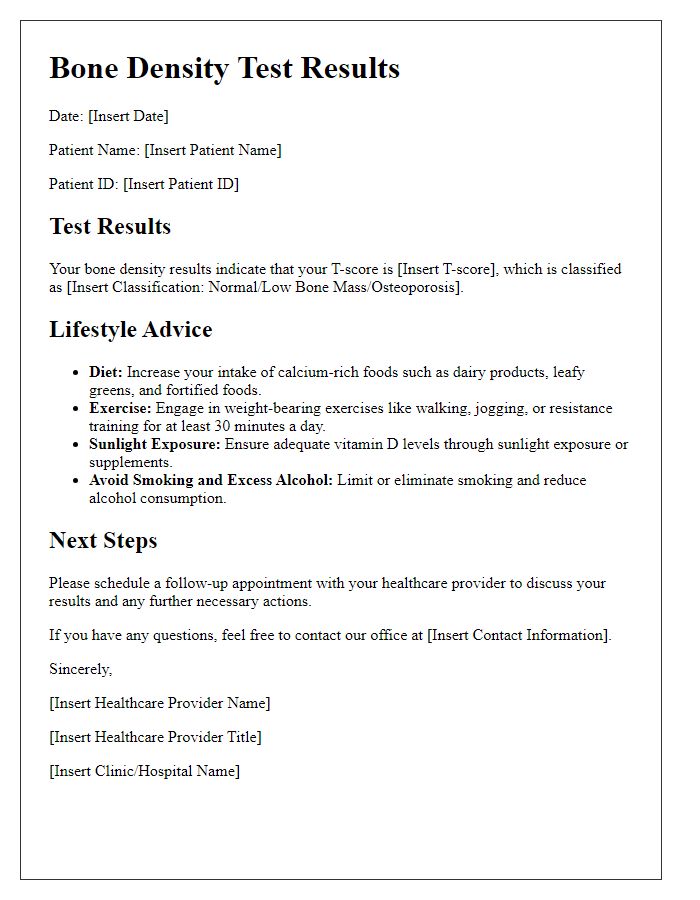 Letter template of bone density test results with lifestyle advice.