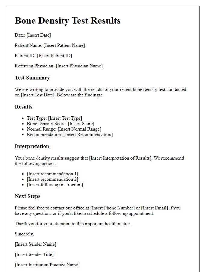 Letter template of bone density test results for patient observation.