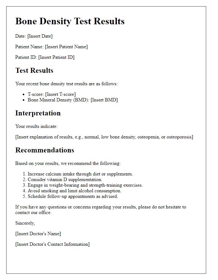 Letter template of bone density test results with recommendations.