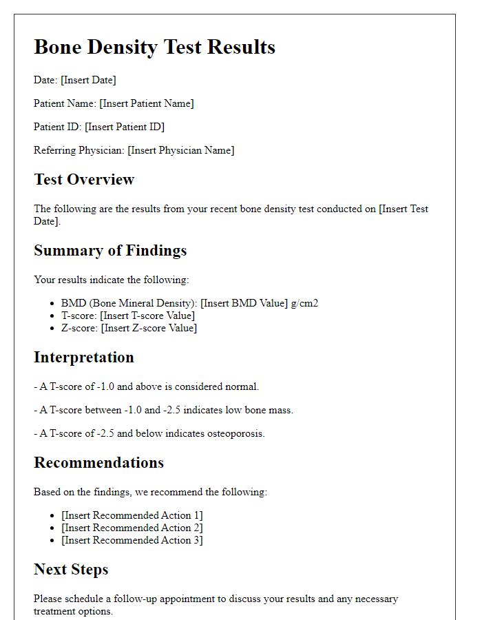 Letter template of bone density test results with a summary of findings.