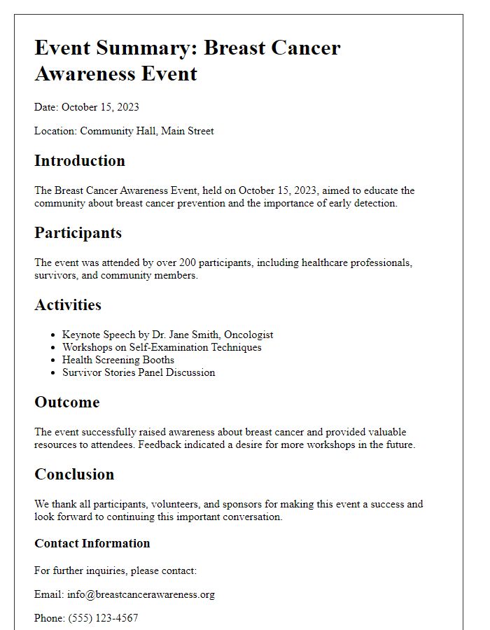 Letter template of event summary for breast cancer awareness event