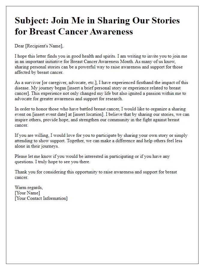 Letter template of personal story sharing for breast cancer awareness event