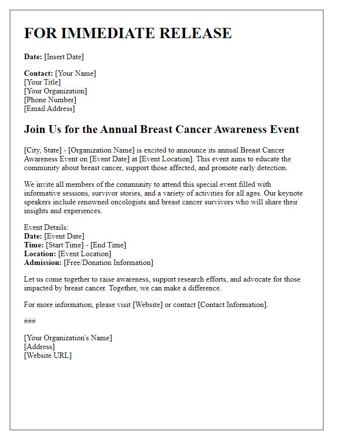 Letter template of press release for breast cancer awareness event