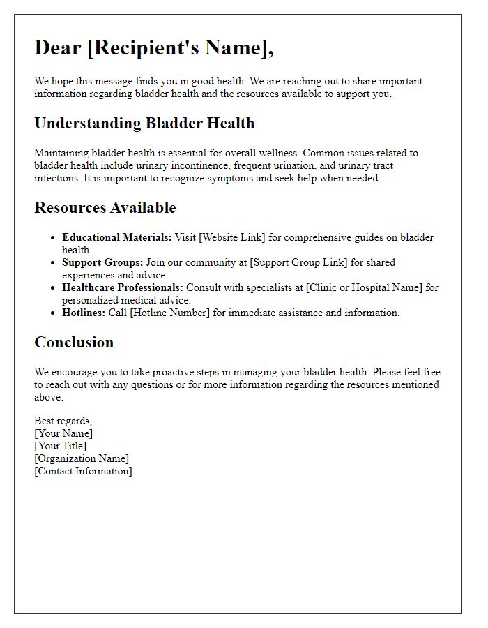 Letter template of information on bladder health resources