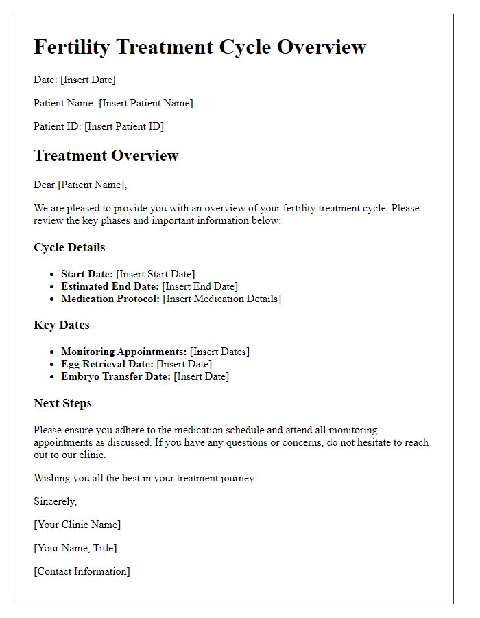 Letter template of fertility treatment cycle overview.