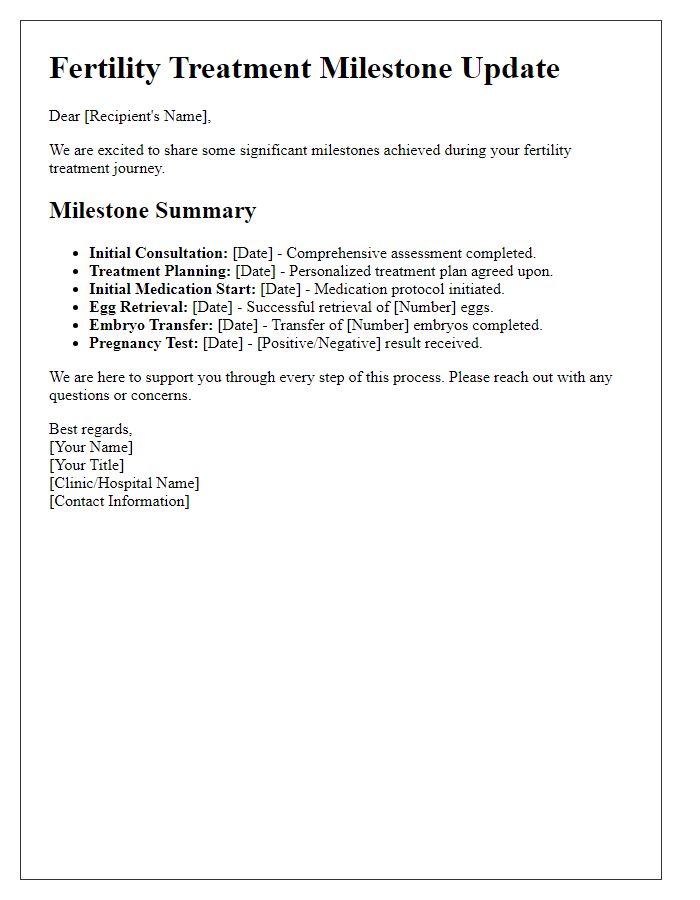 Letter template of fertility treatment milestones achieved.