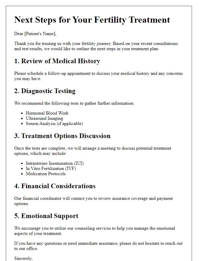 Letter template of fertility treatment next steps outline.