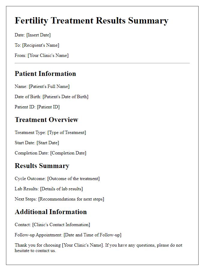 Letter template of fertility treatment results summary.