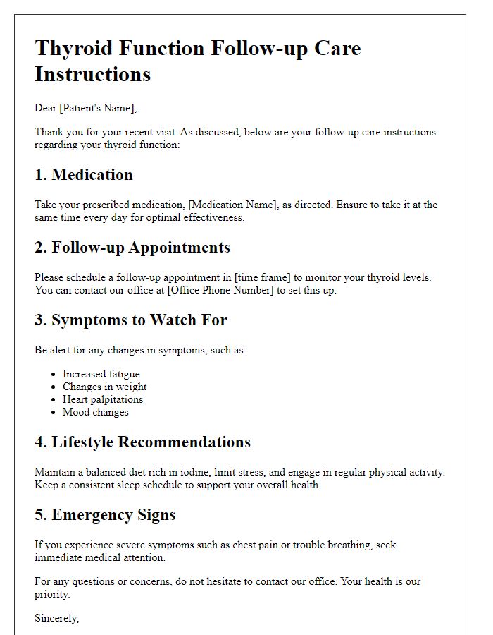 Letter template of thyroid function follow-up care instructions