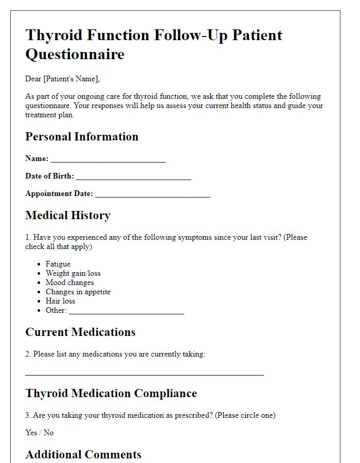 Letter template of thyroid function follow-up patient questionnaire