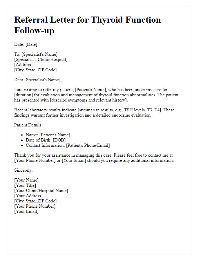 Letter template of thyroid function follow-up specialist referral